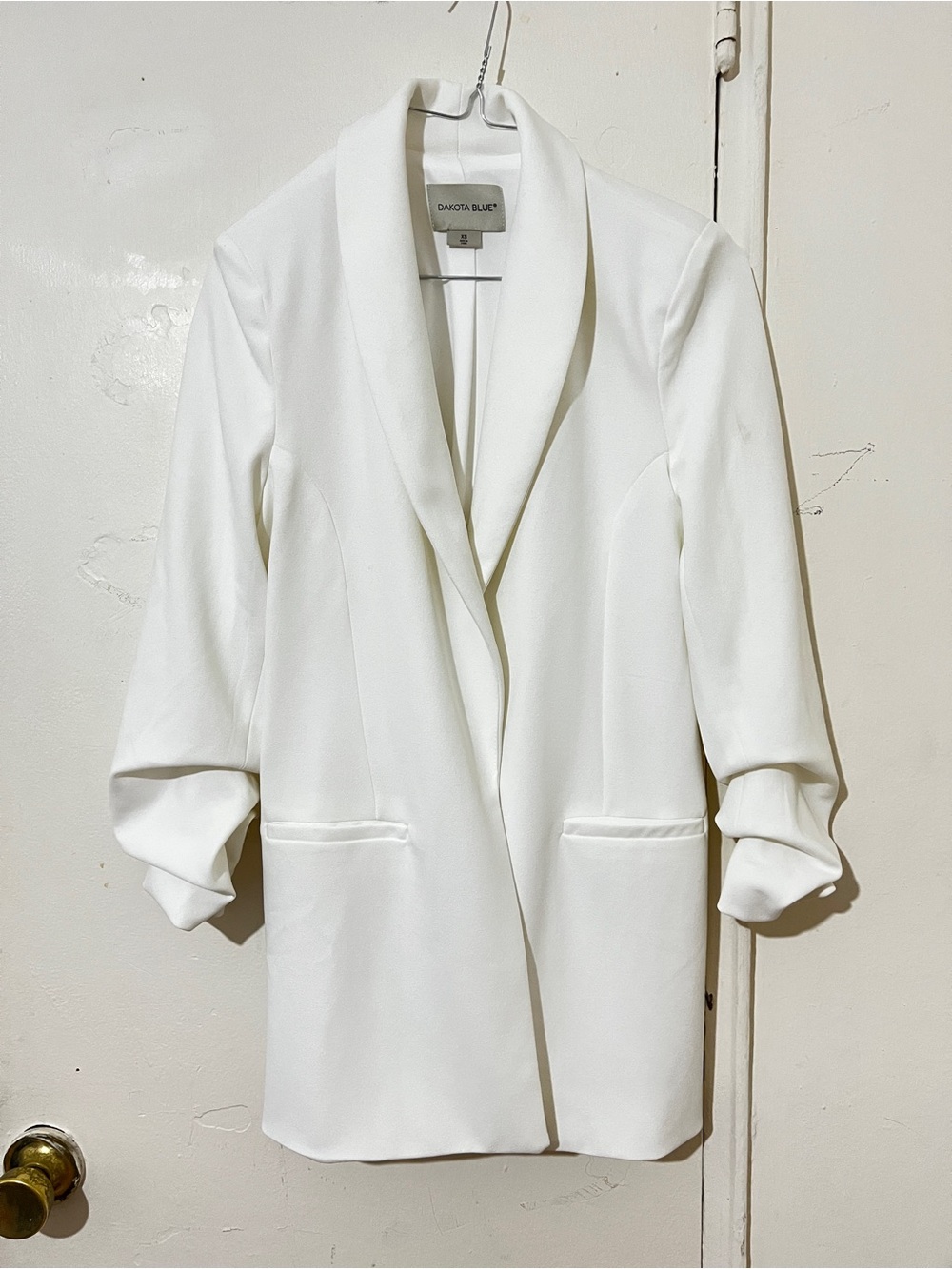 Dakota Blue White Long Open Front Blazer Pockets 3/4 Sleeve Women's XS